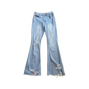 Forever 21 Wide Leg Stretchy Light Blue Women Jeans Size 27 With Distressing.